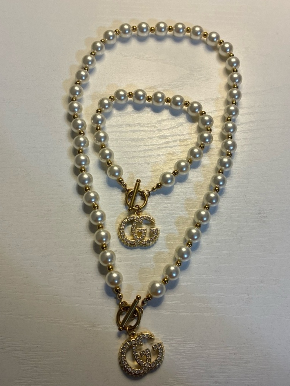 Pearl and Gold-Tone GG Pendant Necklace and Bracelet Set